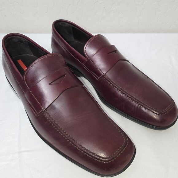 PRADA Burgundy Leather Slip On Dress Casual Penny Loafer Men's UK 11 US 12 - Picture 1 of 8